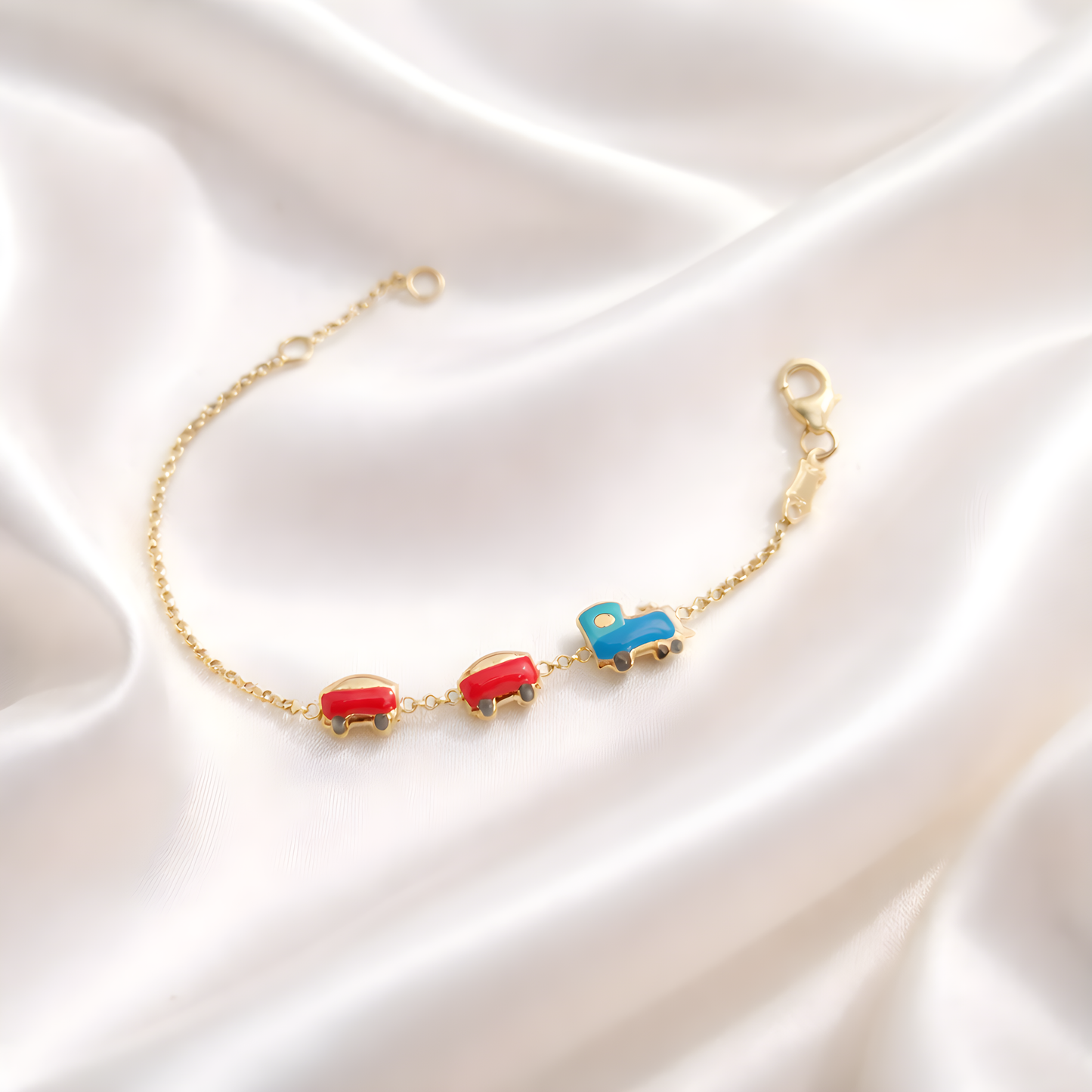 14k Yellow Gold Children's Colorful Train Charm Bracelet