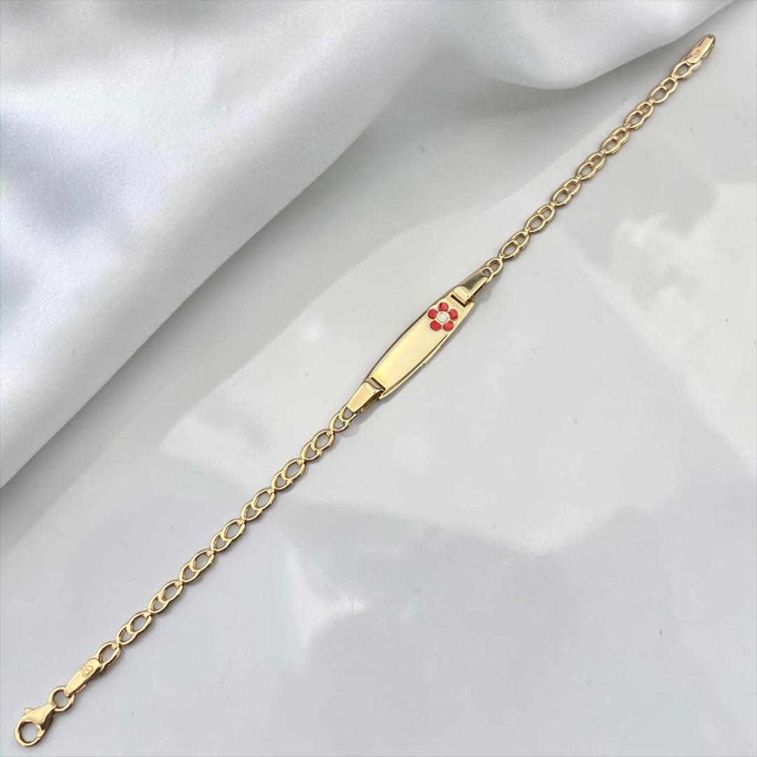 14k Yellow Gold Children's ID Bracelet with Red Flower