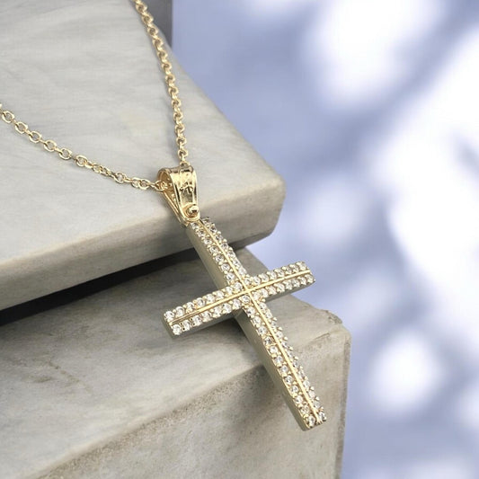 14K yellow gold cross pendant featuring double rows of white zirconia stones and a polished finish