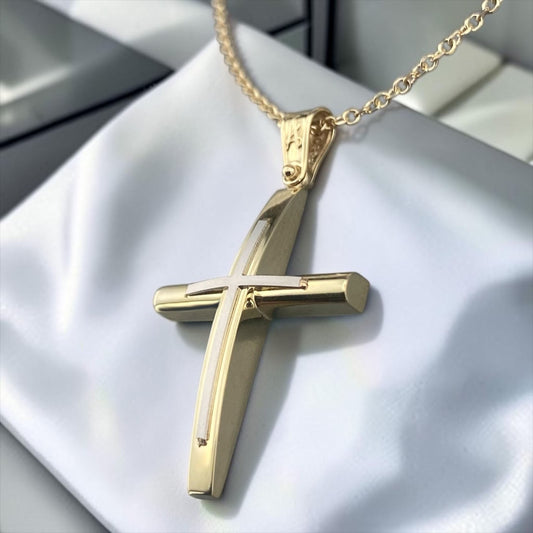 A 14K yellow gold men's cross pendant featuring a prominent white gold cross inlay centered on the design.