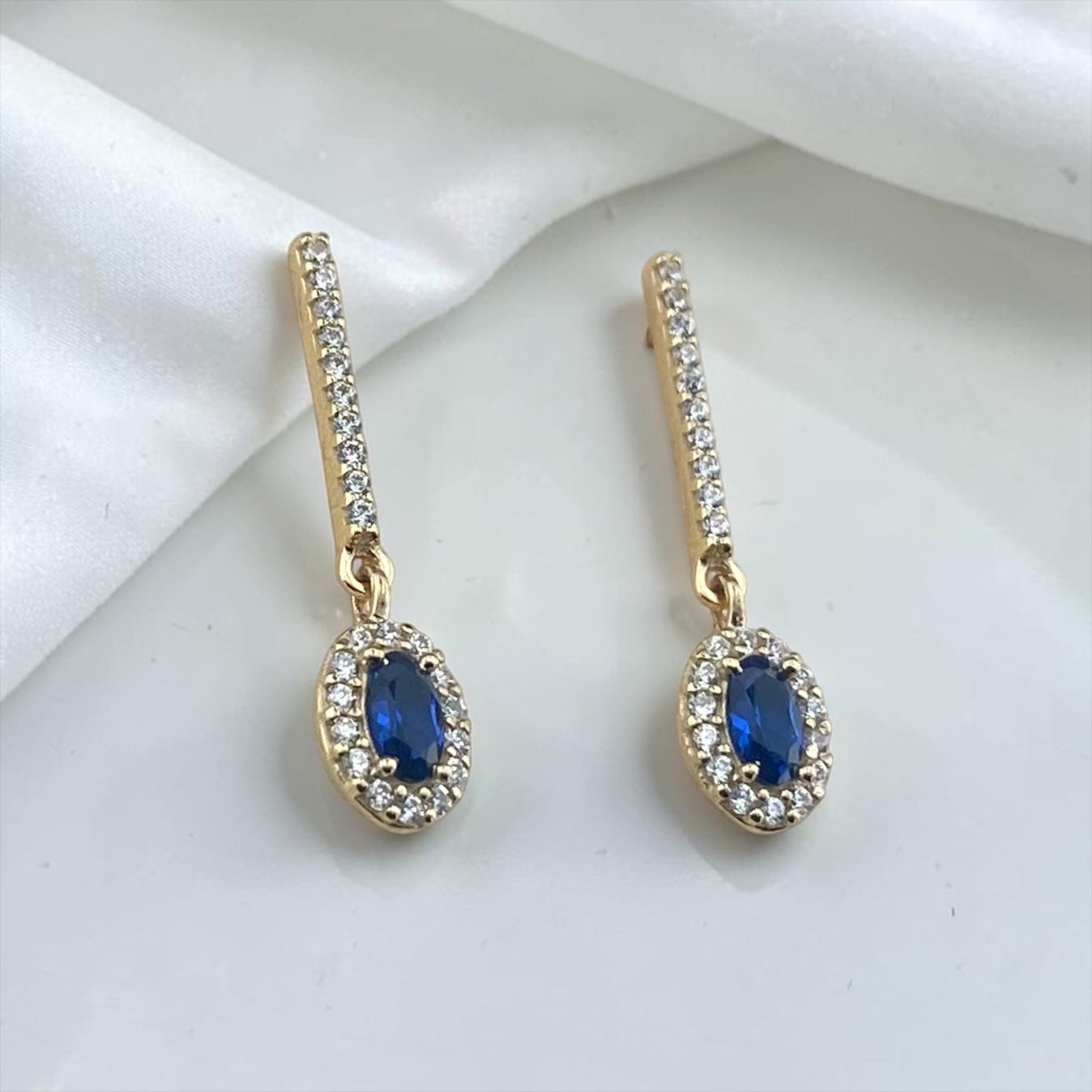9k Yellow Gold Drop Earrings with Oval Stone and Crystal Bar