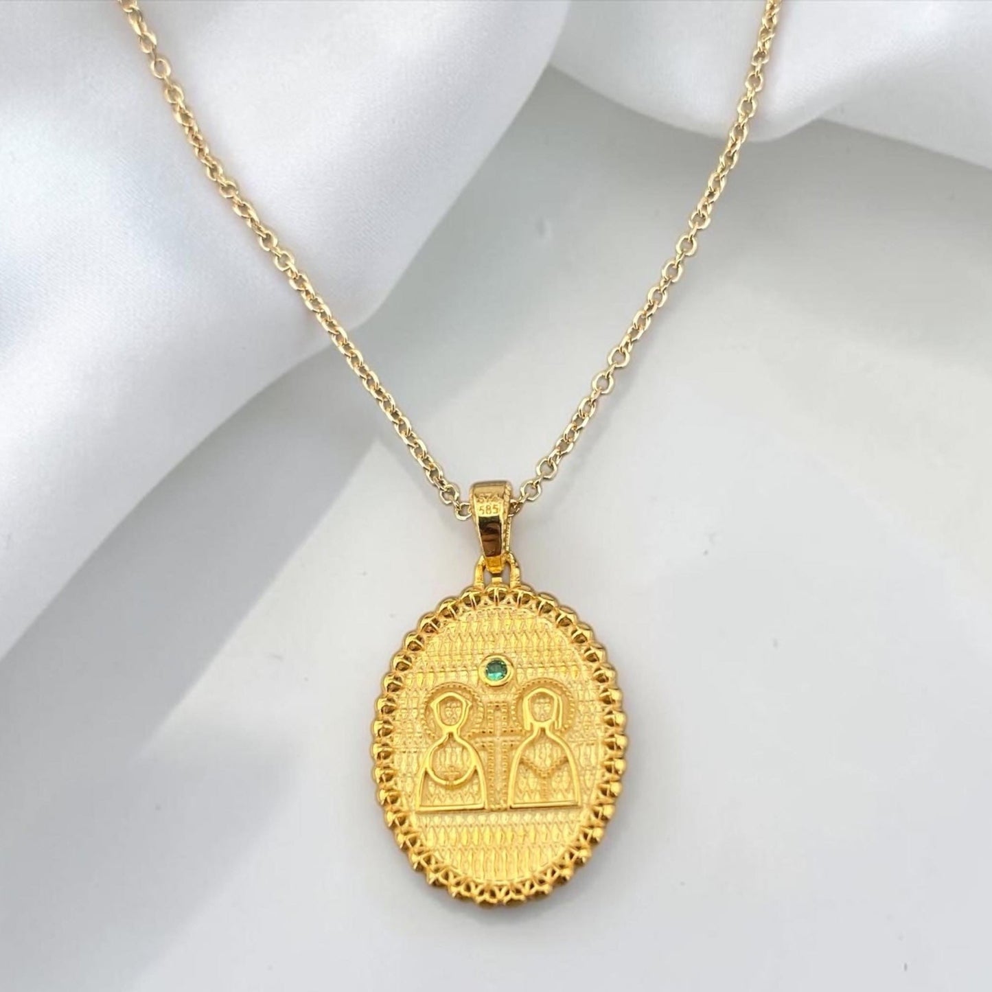Double Sided 14k Gold Religious Pendant with Stones