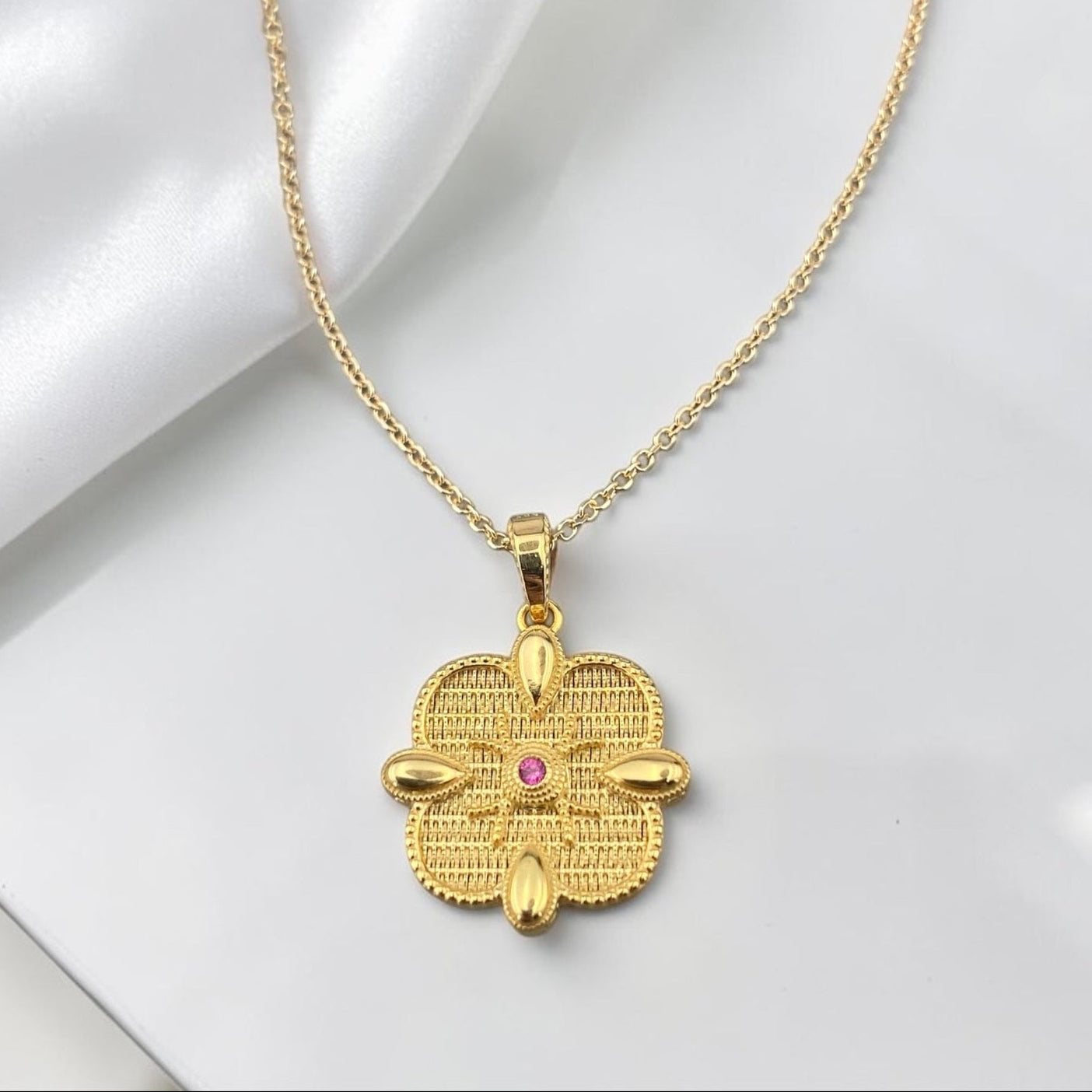 Double Sided 14k Gold Religious Pendant with Colorful Stones