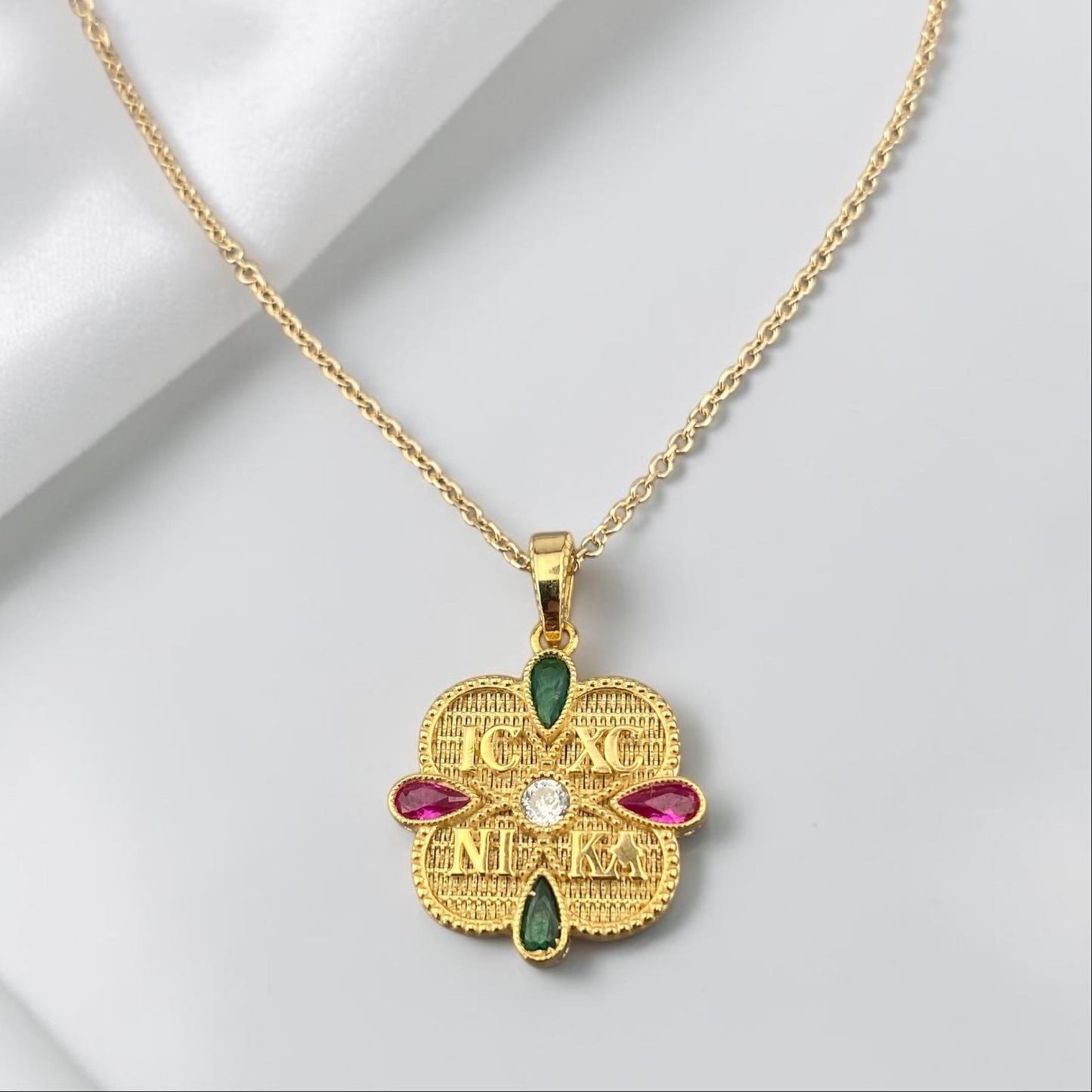 Double Sided 14k Gold Religious Pendant with Colorful Stones