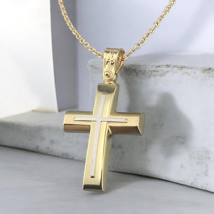 A 14K gold men's cross pendant featuring a unique design with a matte horizontal bar and a polished vertical bar.