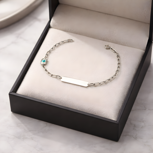 Children's 14k white gold evil eye ID bracelet by Glamour Dainty Jewels, delicate baby jewelry design.