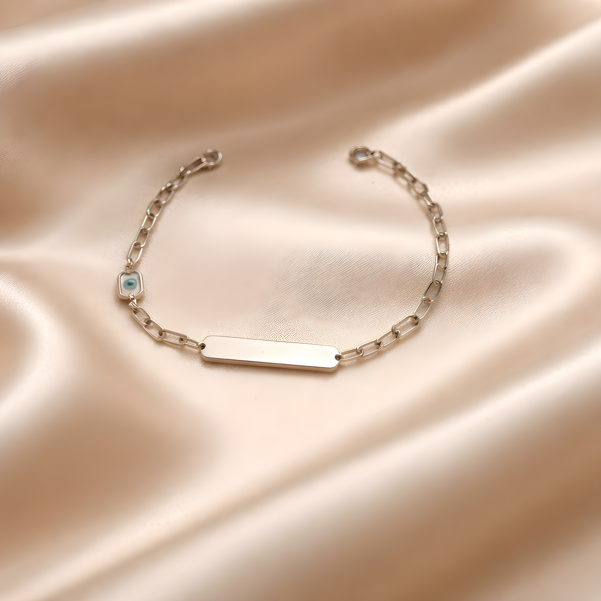 Children's 14k white gold evil eye ID bracelet by Glamour Dainty Jewels, delicate baby jewelry design.
