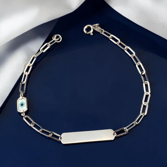 Children's 14k white gold evil eye ID bracelet by Glamour Dainty Jewels, delicate baby jewelry design.