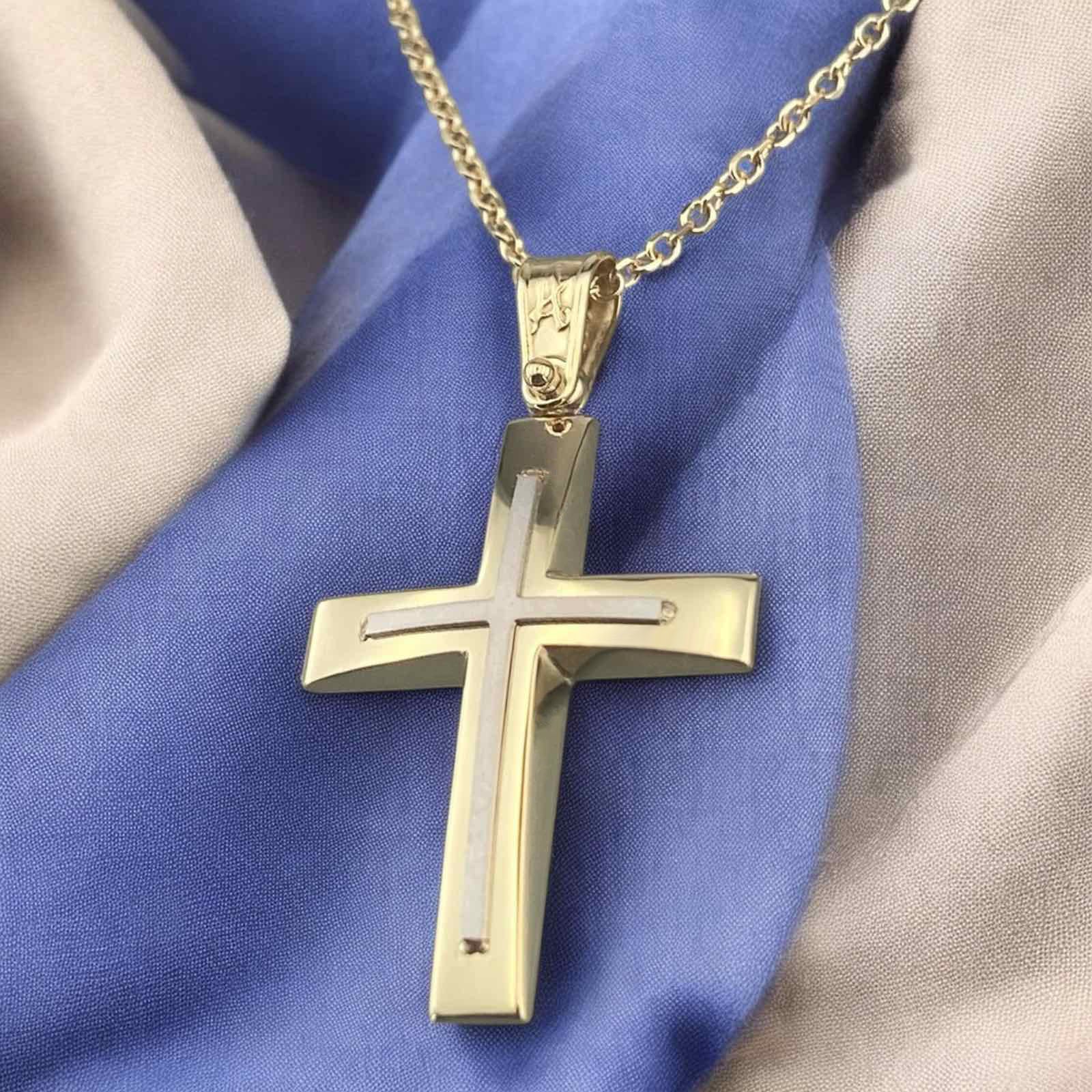 A 14K yellow gold men's cross pendant featuring a polished white gold cross inlay.
