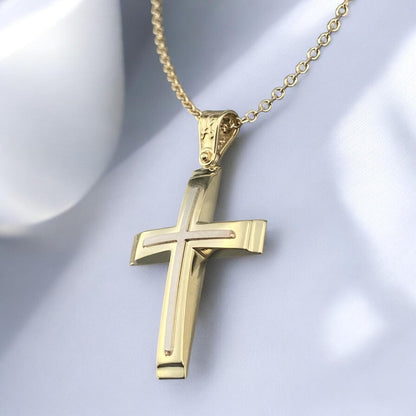 A 14K yellow and white gold men's cross pendant featuring a polished inlay cross design.