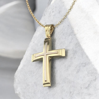 A 14K yellow and white gold men's cross pendant featuring a polished inlay cross design.
