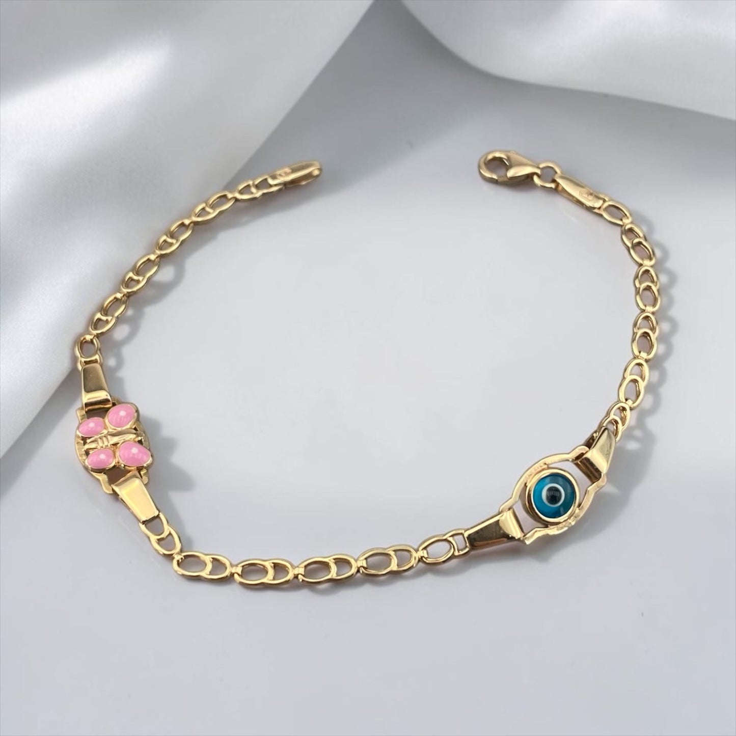 14k Yellow Gold Children's Pink Butterfly & Eye ID Bracelet