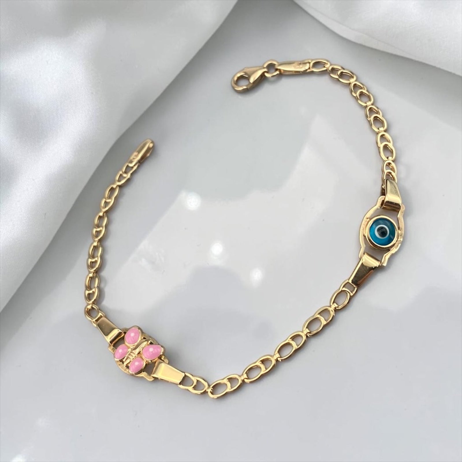 14k Yellow Gold Children's Pink Butterfly & Eye ID Bracelet