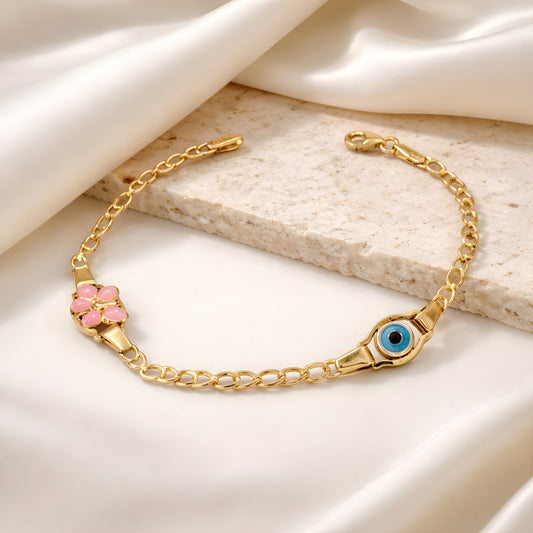 14k Yellow Gold Children's Pink Butterfly & Eye ID Bracelet