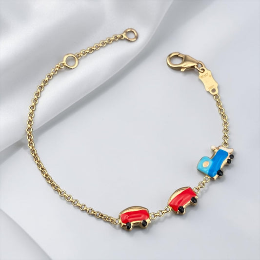 14k Yellow Gold Children's Colorful Train Charm Bracelet