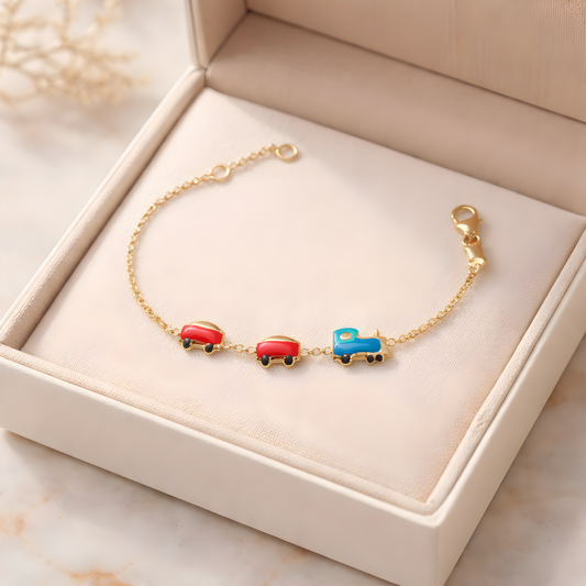 14k Yellow Gold Children's Colorful Train Charm Bracelet