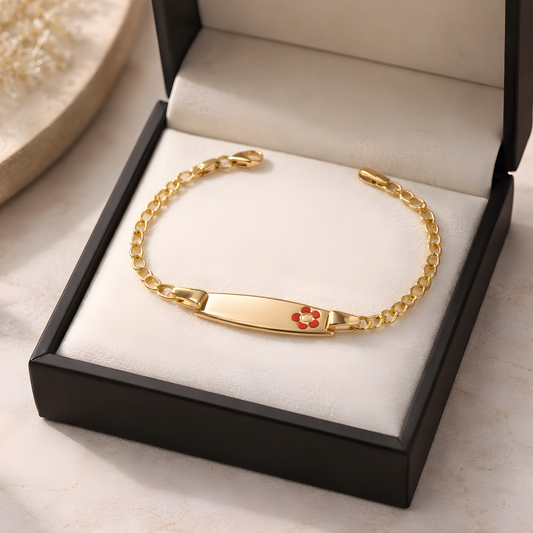 14k Yellow Gold Children's ID Bracelet with Red Flower