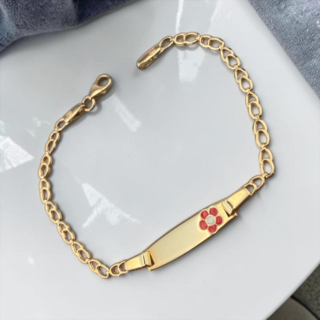 14k Yellow Gold Children's ID Bracelet with Red Flower