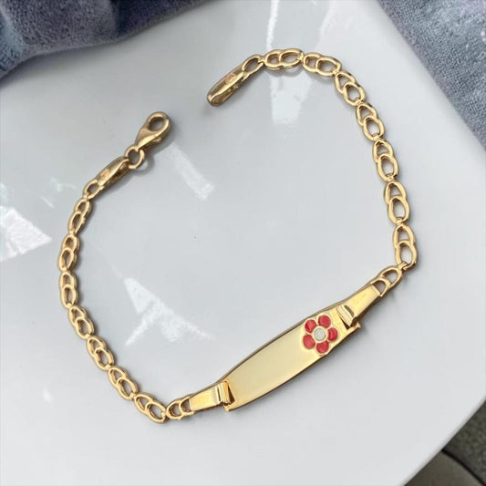 14k Yellow Gold Children's ID Bracelet with Red Flower