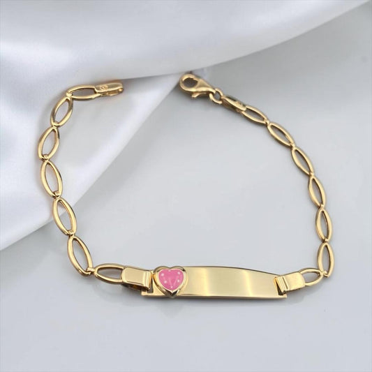 14k Yellow Gold Children's Pink Heart Charm ID Bracelet
