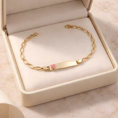 14k Yellow Gold Children's Pink Heart Charm ID Bracelet
