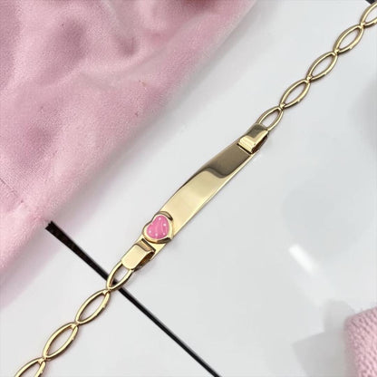 14k Yellow Gold Children's Pink Heart Charm ID Bracelet