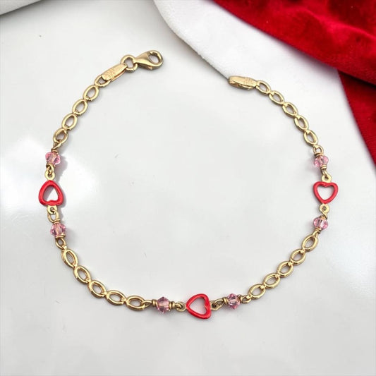 14k Yellow Gold Children's Red Heart Charm Bracelet