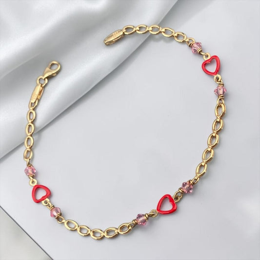14k Yellow Gold Children's Red Heart Charm Bracelet