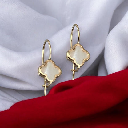 Elegant 14k yellow gold drop earrings featuring a delicate four-leaf clover motif inlaid with shimmering mother of pearl.