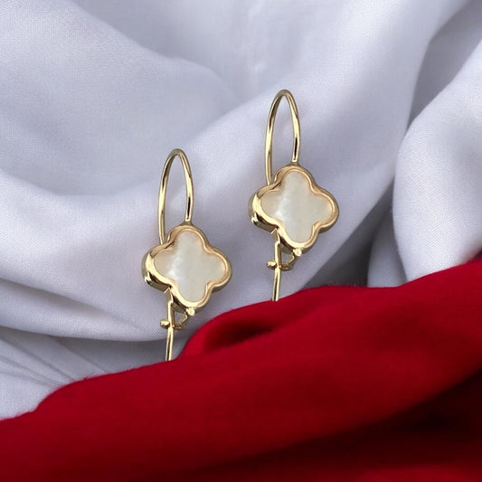 Elegant 14k yellow gold drop earrings featuring a delicate four-leaf clover motif inlaid with shimmering mother of pearl.