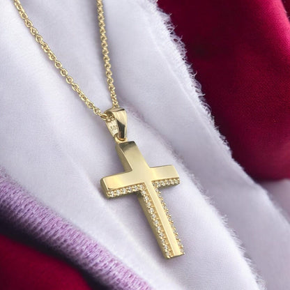 14k yellow gold cross pendant for women, featuring a sophisticated design with two parallel rows of sparkling zirconia stones