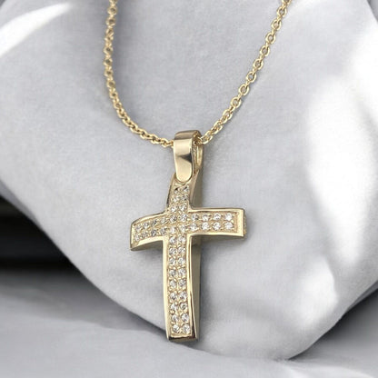 14k yellow gold cross pendant for women, featuring two parallel rows of brilliant zirconia stones.