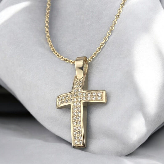 14k yellow gold cross pendant for women, featuring two parallel rows of brilliant zirconia stones.