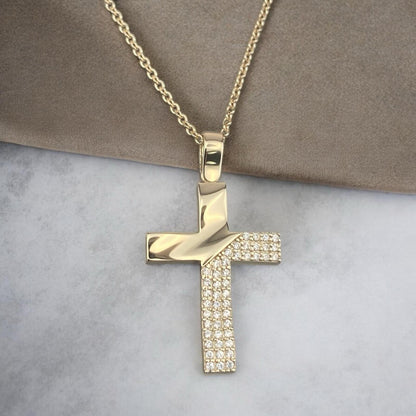 14k yellow gold cross pendant for women, featuring a luxurious paved design with sparkling zirconia stones.