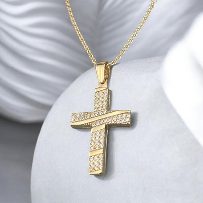 4k yellow gold cross pendant for women, featuring a refined central row of sparkling zirconia stones.
