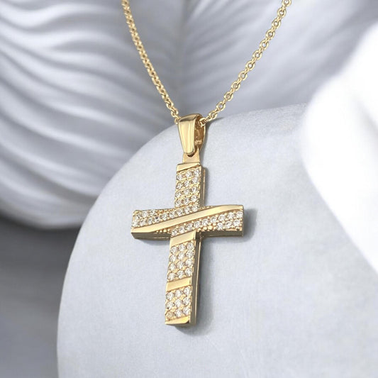 4k yellow gold cross pendant for women, featuring a refined central row of sparkling zirconia stones.