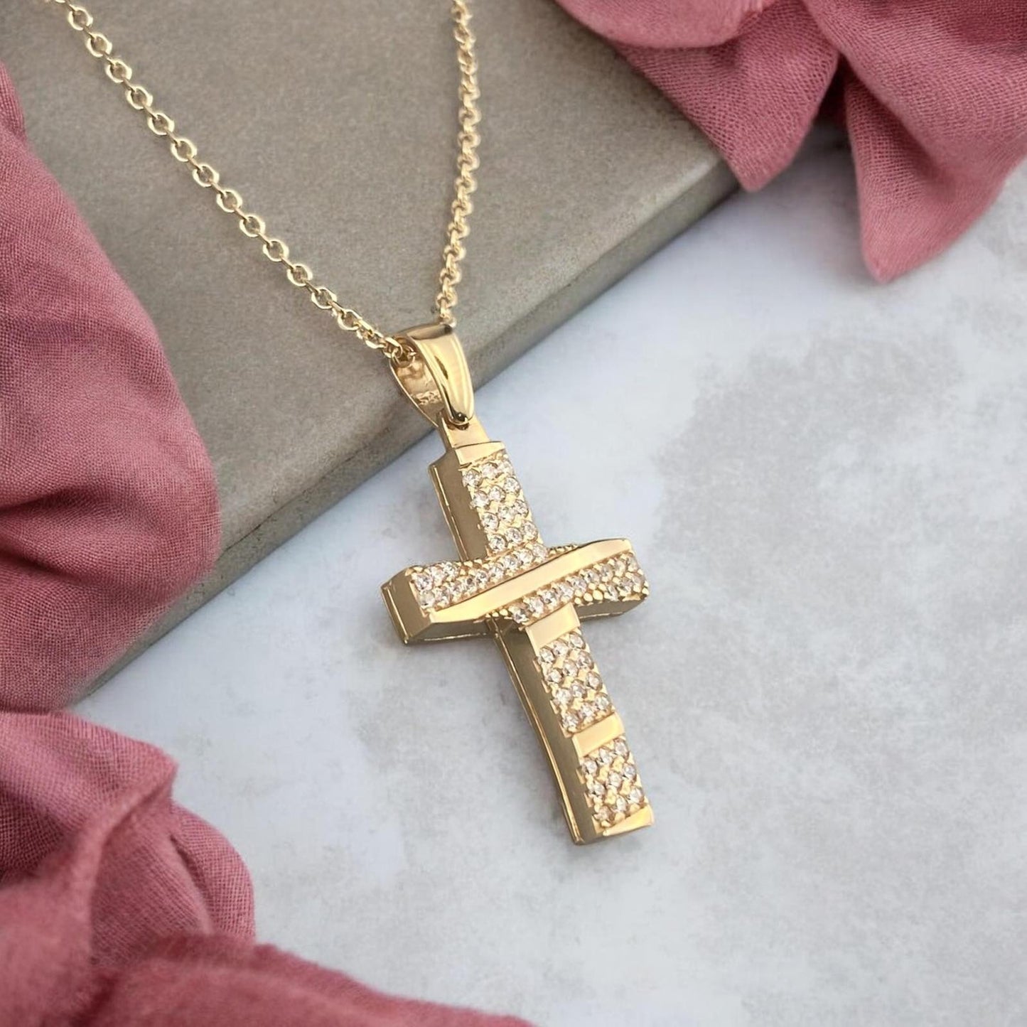 4k yellow gold cross pendant for women, featuring a refined central row of sparkling zirconia stones.