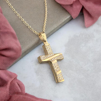 4k yellow gold cross pendant for women, featuring a refined central row of sparkling zirconia stones.