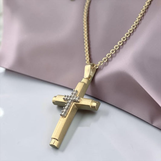 14k yellow gold women's cross pendant, featuring a sleek polished design with a central vertical row of brilliant zirconia stones.