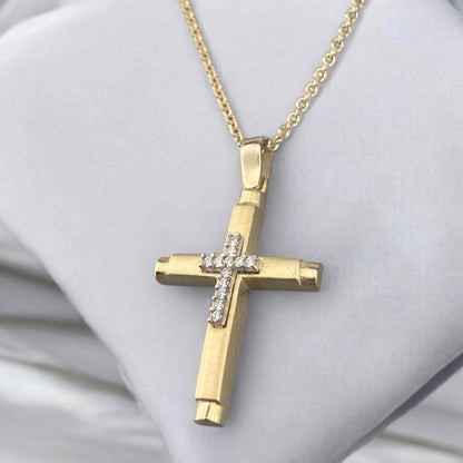 14k yellow gold women's cross pendant, featuring a sleek polished design with a central vertical row of brilliant zirconia stones.