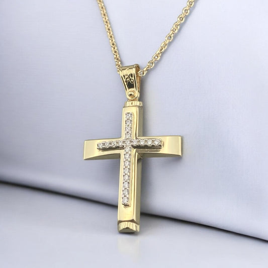 Handmade 14k yellow gold cross pendant decorated with brilliant zirconia stones