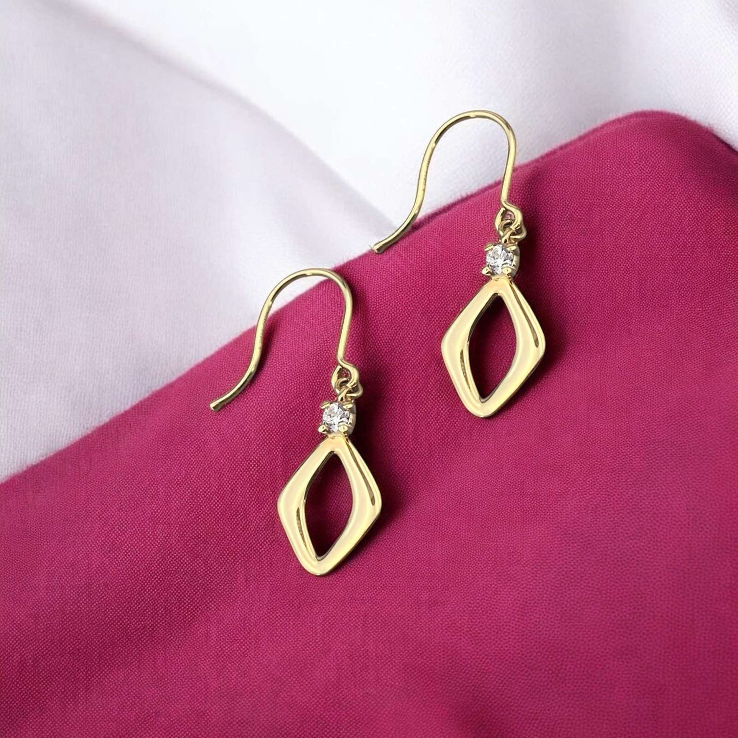 14k yellow gold geometric drop earrings featuring a rhombus design with a sparkling cubic zirconia stone.