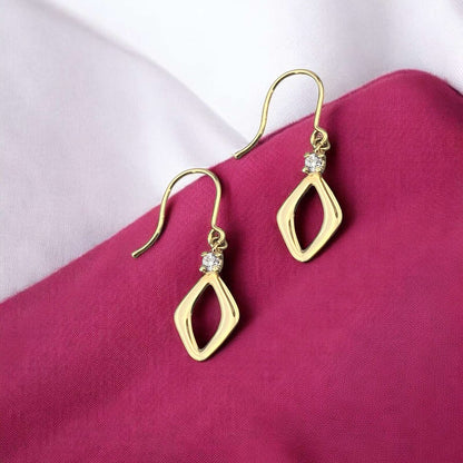 14k yellow gold geometric drop earrings featuring a rhombus design with a sparkling cubic zirconia stone.