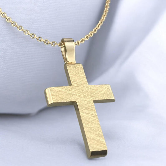 14K Yellow Gold Men's Cross Pendant with Brushed Texture Finish