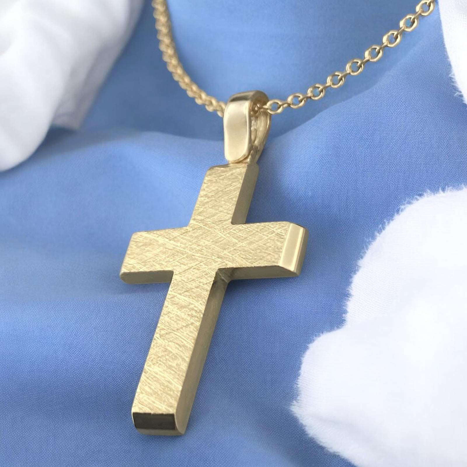 A 14K yellow gold men's cross pendant featuring a sophisticated brushed texture finish.