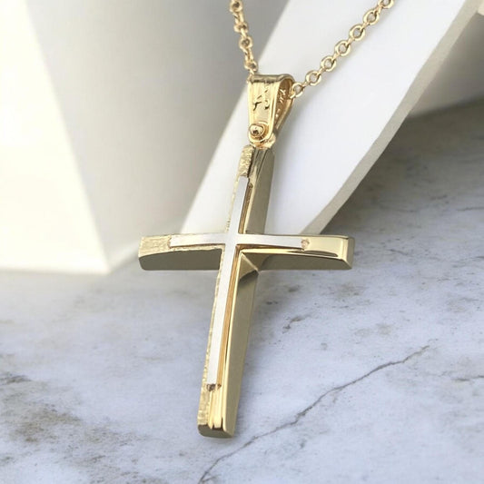 A 14K yellow gold men's cross pendant featuring a white gold inlay, combined with a unique matte and polished finish design.