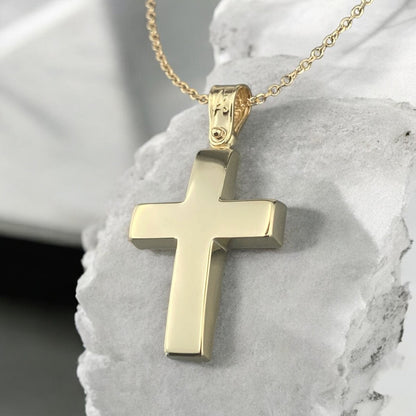 A 14K yellow gold men's cross pendant featuring a smooth, polished high-shine surface.
