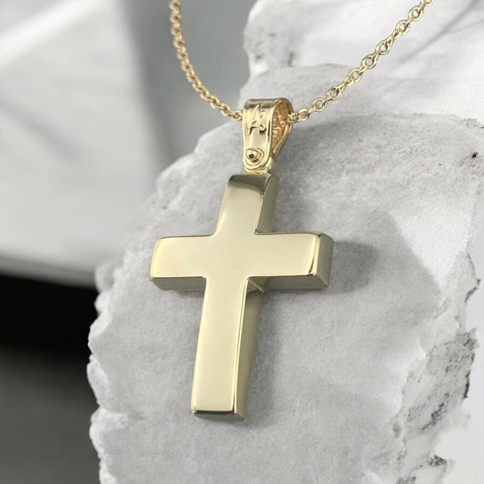 A 14K yellow gold men's cross pendant featuring a smooth, polished high-shine surface.