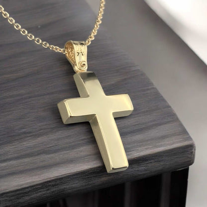A 14K yellow gold men's cross pendant featuring a smooth, polished high-shine surface.