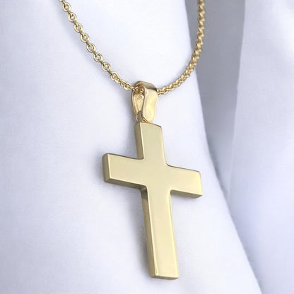 A 14K yellow gold men's cross pendant with a clean, polished high-shine finish.